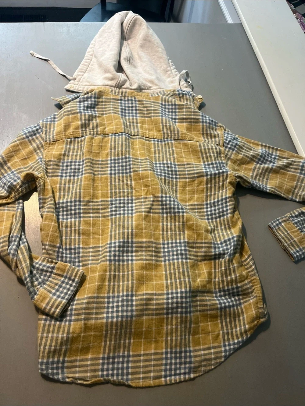American Eagle Hooded Flannel Shirt S Plaid Yellow Blue Removable Hood